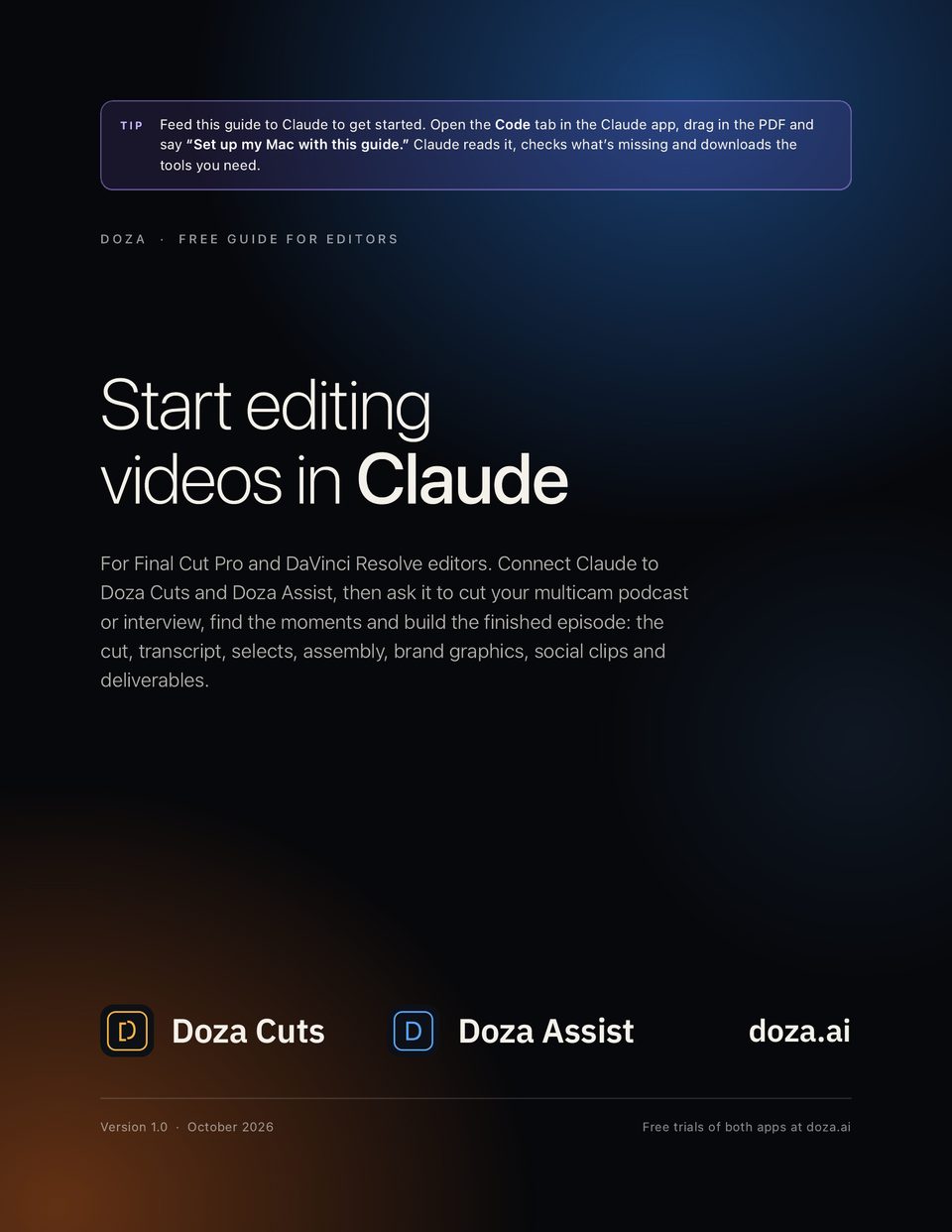 Cover of the guide: Start editing videos in Claude, for Final Cut Pro and DaVinci Resolve editors, with Doza Cuts and Doza Assist