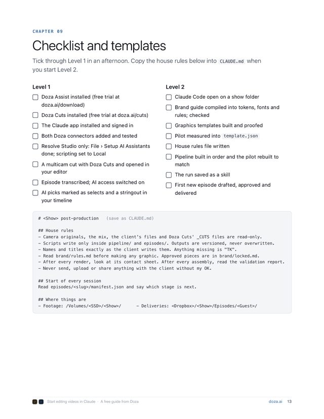 Chapter 9 page: Level 1 and Level 2 checklists and a CLAUDE.md house rules template