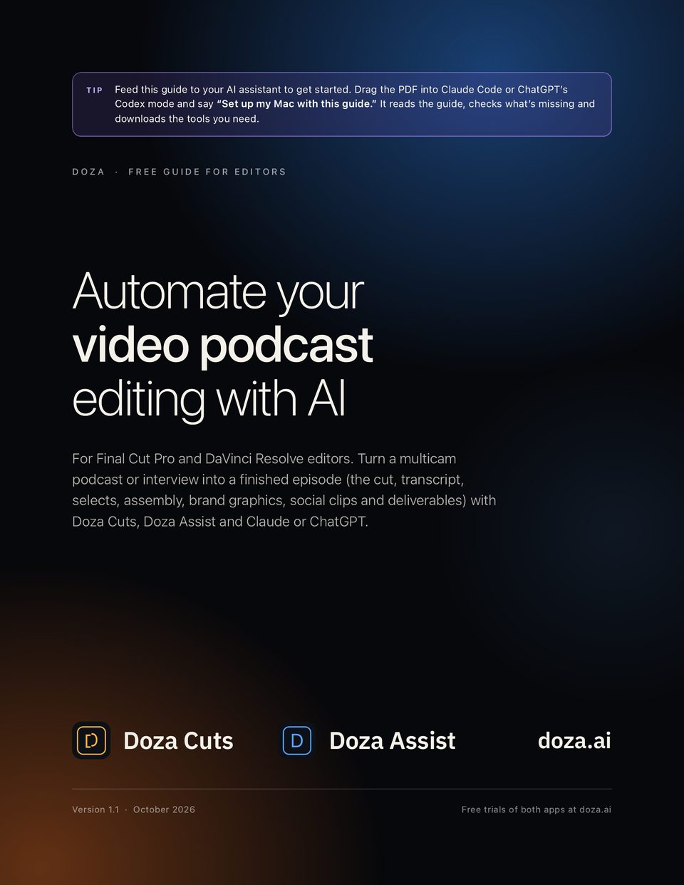 Cover of the guide: Automate your video podcast editing with AI, for Final Cut Pro and DaVinci Resolve editors, with Doza Cuts and Doza Assist