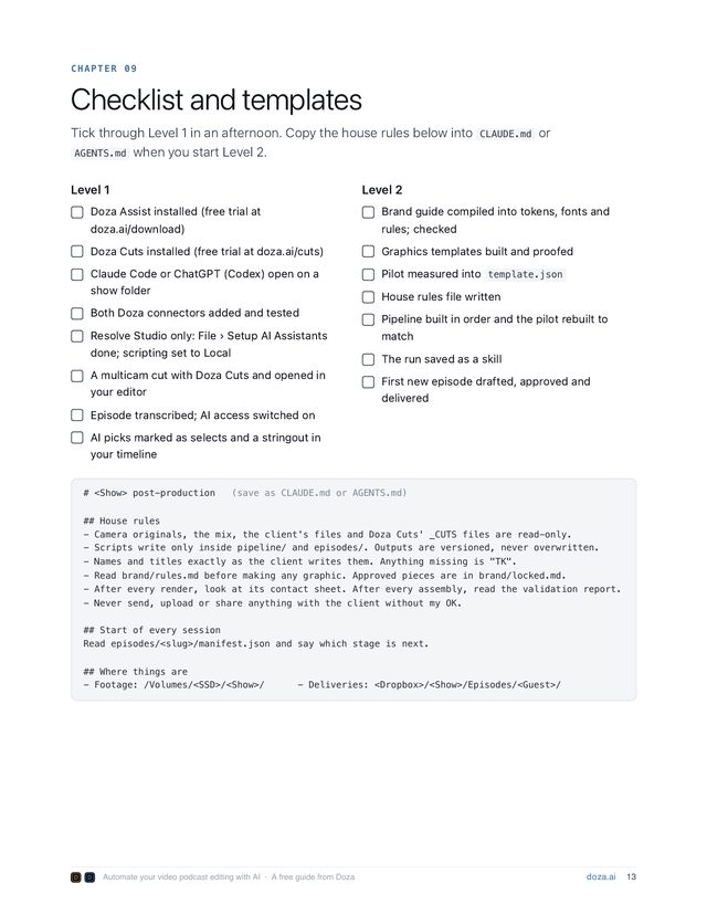 Chapter 9 page: Level 1 and Level 2 checklists and a house rules template