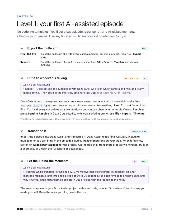 Chapter 4 page: Level 1 steps, from exporting the multicam to letting the AI find the moments
