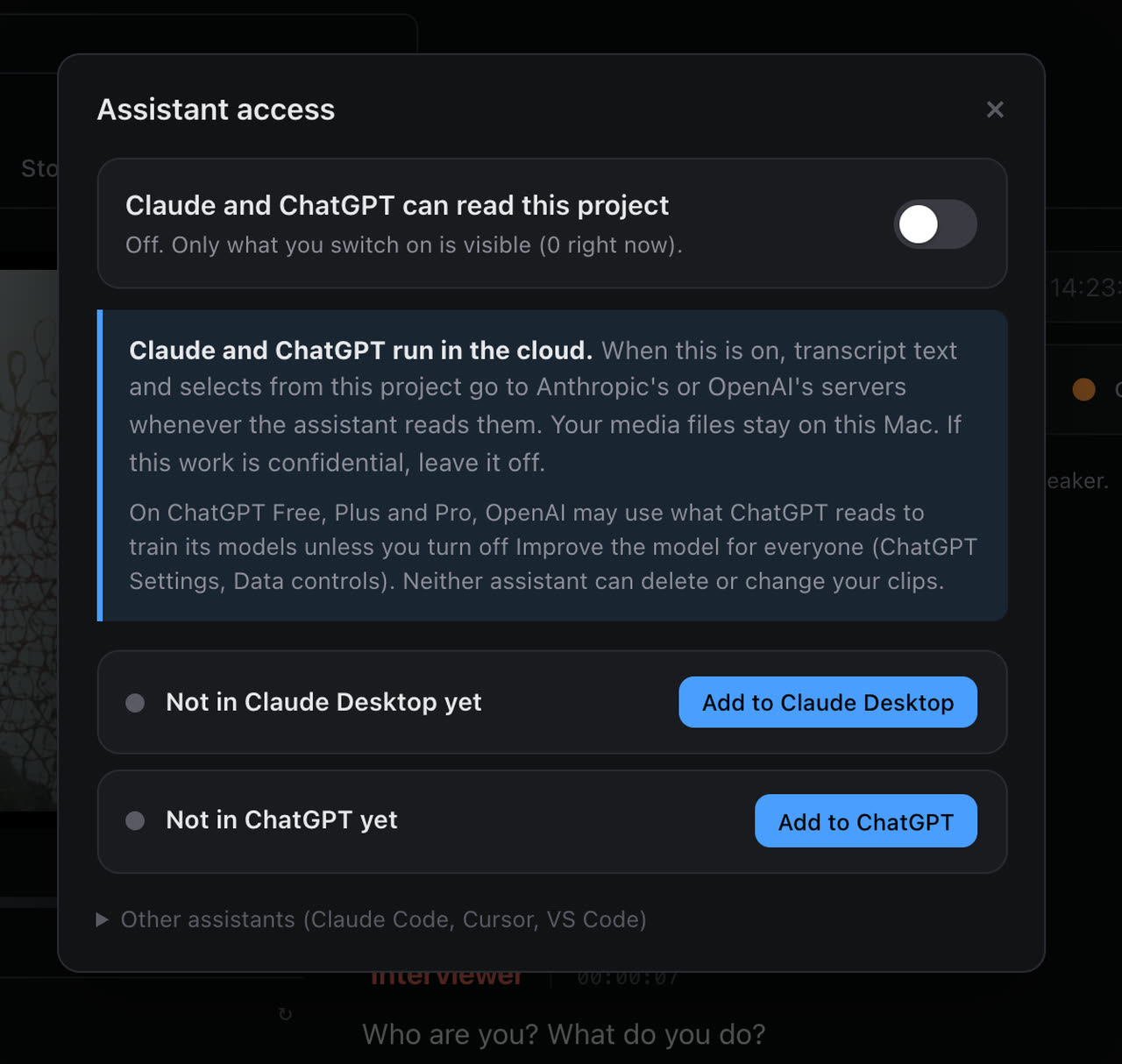 The Assistant access panel in Doza Assist, with a per-project switch and one-click buttons to add Doza Assist to Claude Desktop and to ChatGPT