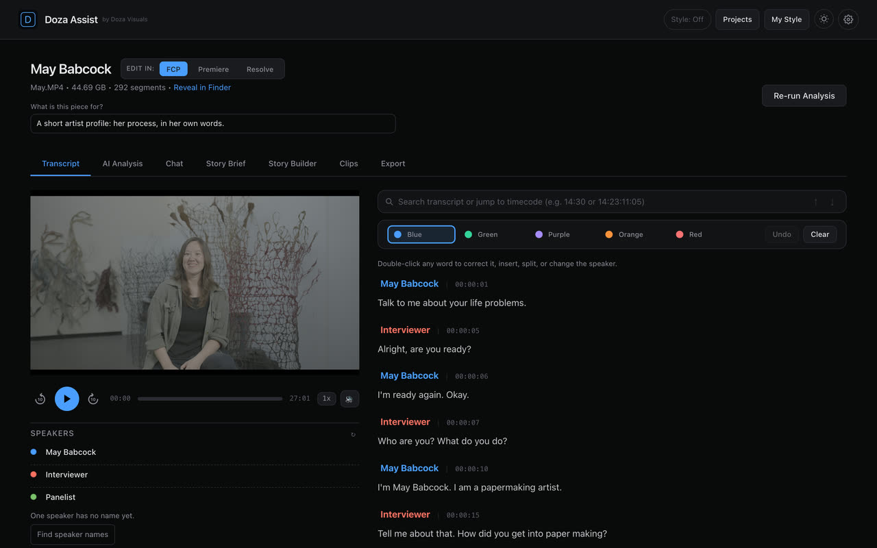 The Doza Assist project page: the player with 10-second back and forward buttons, the Speakers panel with a Find speaker names button, and the transcript