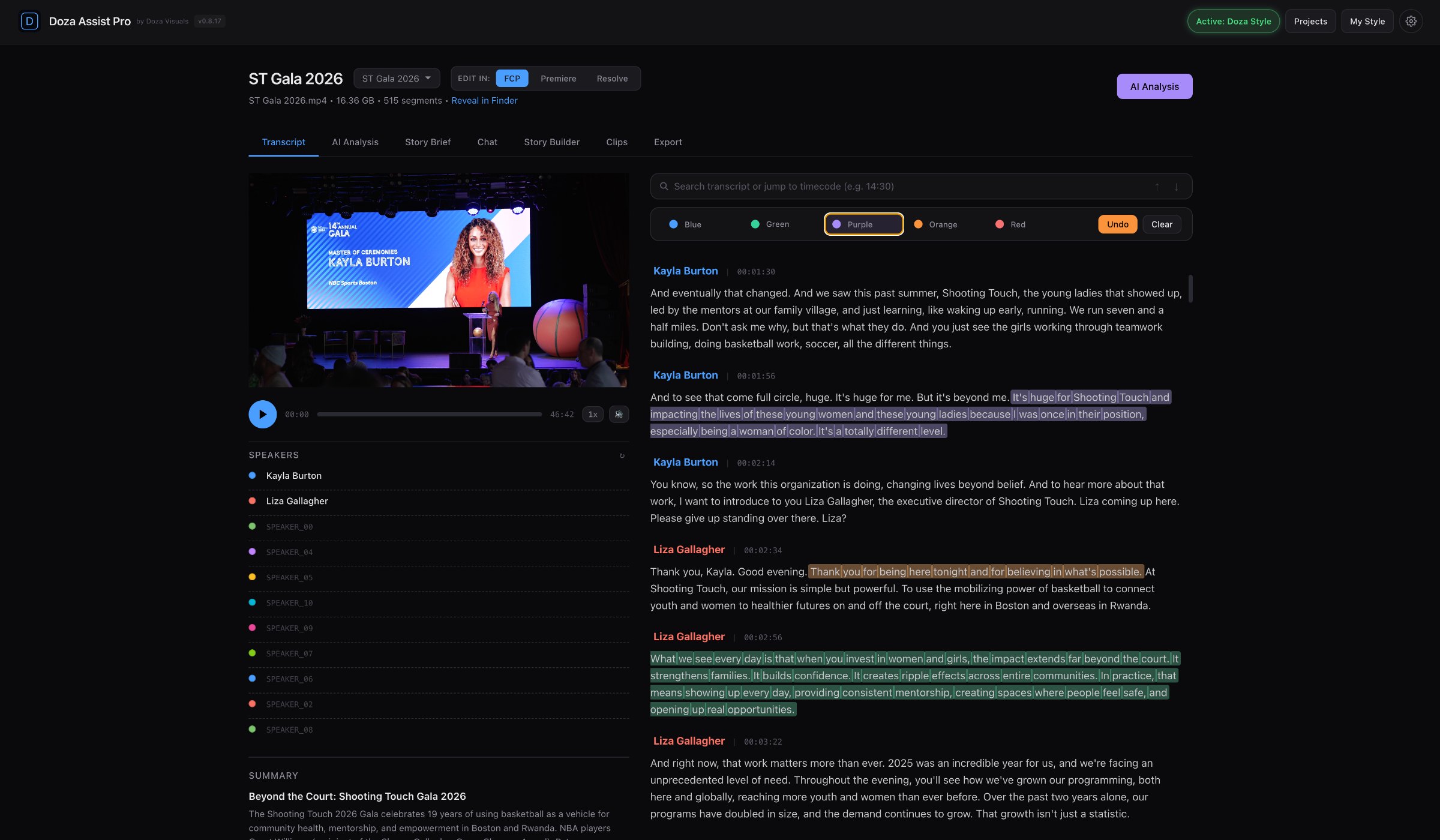 Doza Assist Pro app open on ST Gala 2026: transcript view with multi-color highlights, speaker list, video player, and AI Analysis access