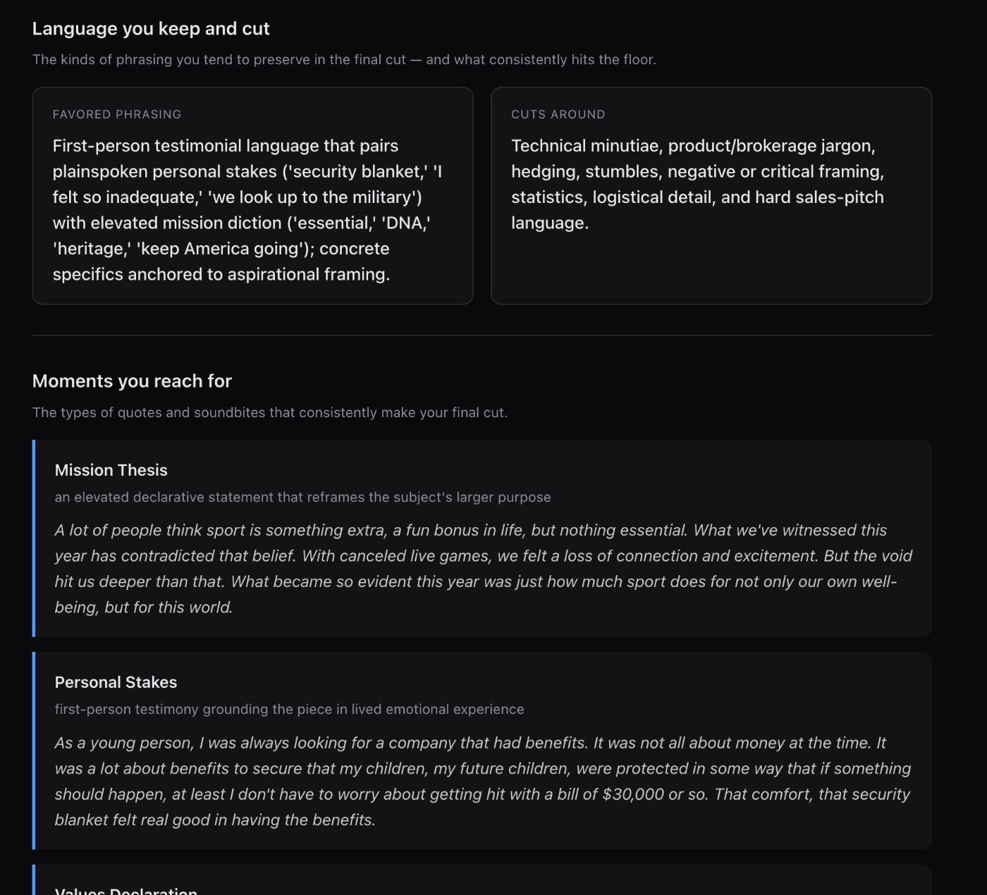 Inside the profile: Language you keep and cut, plus the moments you reach for in every project