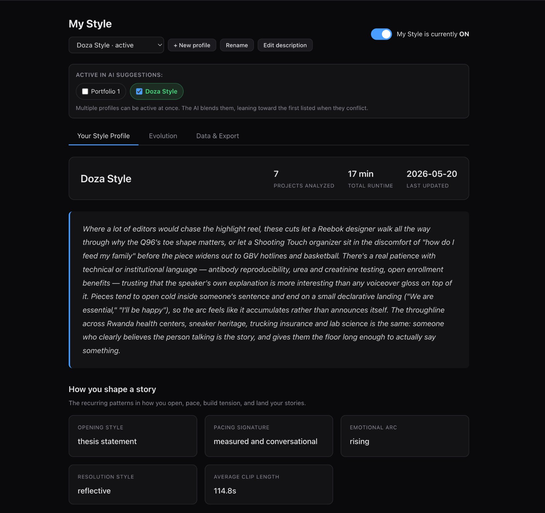 My Style dashboard in Doza Assist showing the Doza Style profile, 7 projects analyzed, 17 minutes of total runtime