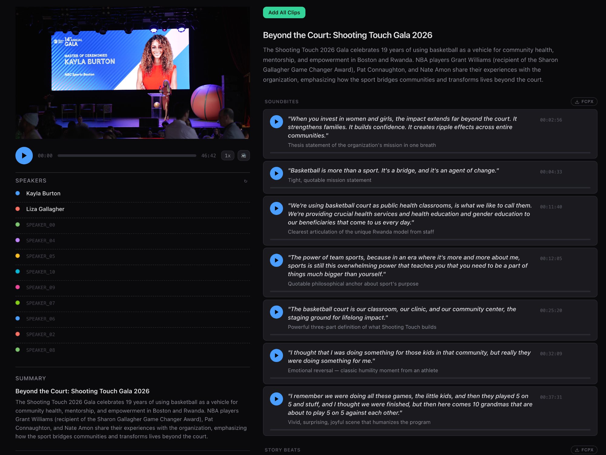 Doza Assist AI Analysis: video player, speaker list, and Best Soundbites panel showing ranked pull quotes with timecodes, one-line context, and an Add All Clips action