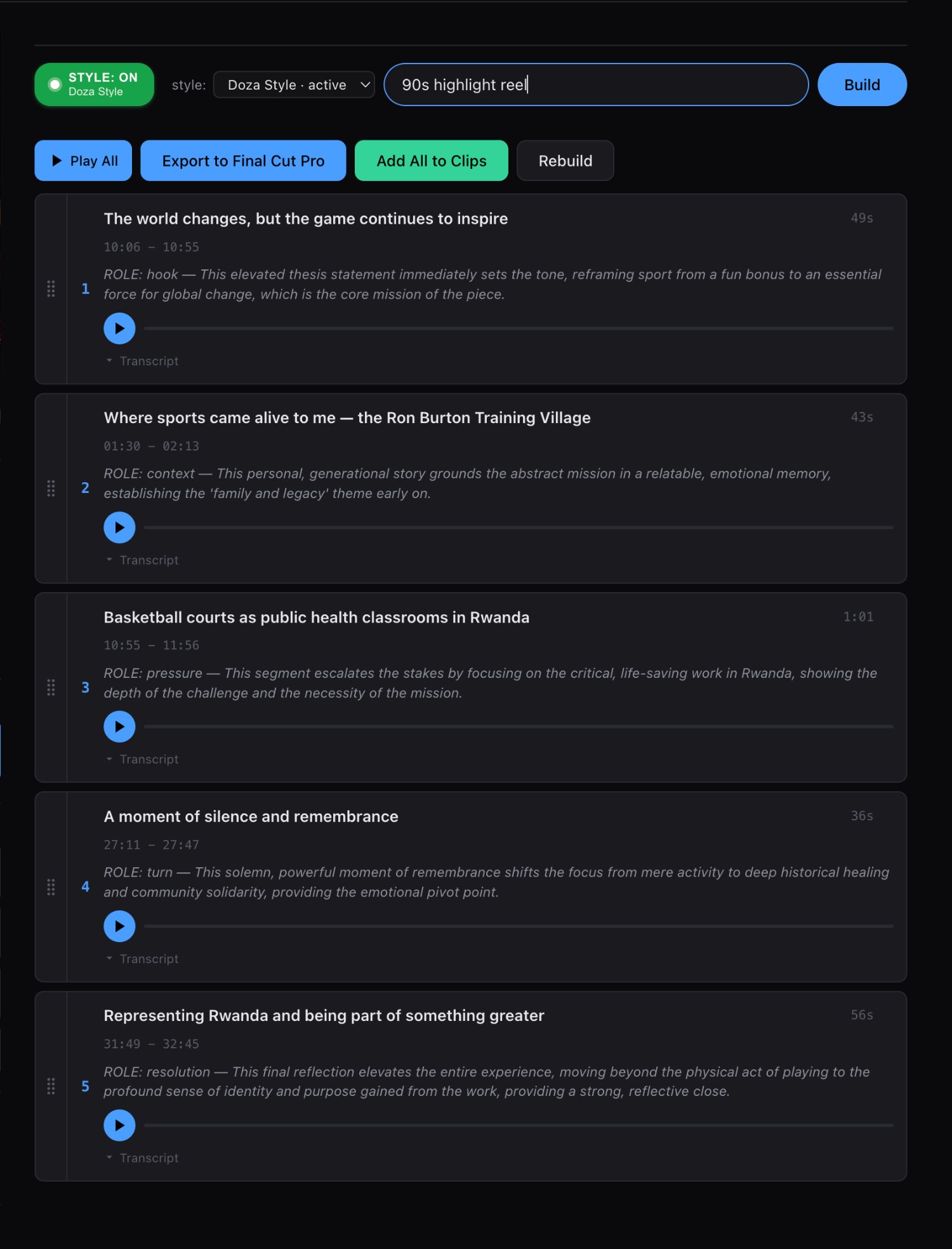 Story Builder result in Doza Assist: five ordered segments — hook, context, pressure, turn, resolution — with Export to Final Cut Pro and Add All to Clips actions