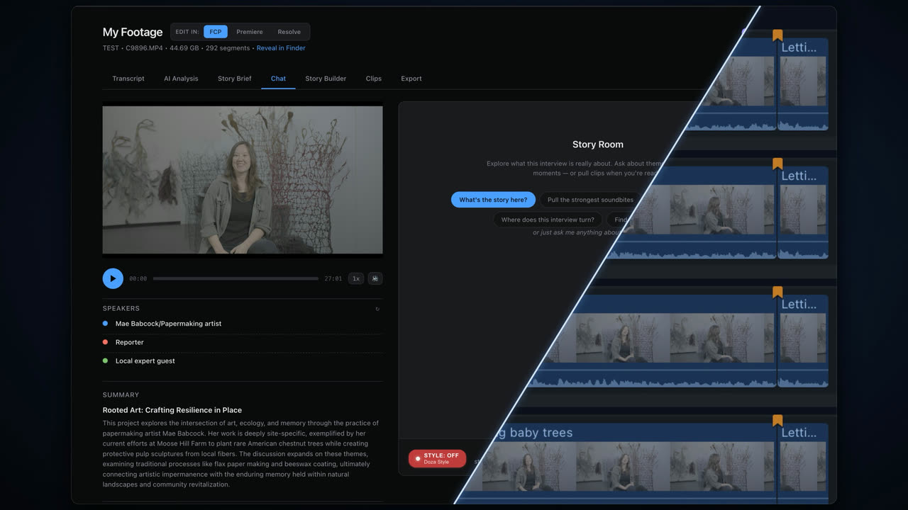 Doza Assist cutting a real 27-minute interview into a Final Cut Pro timeline
