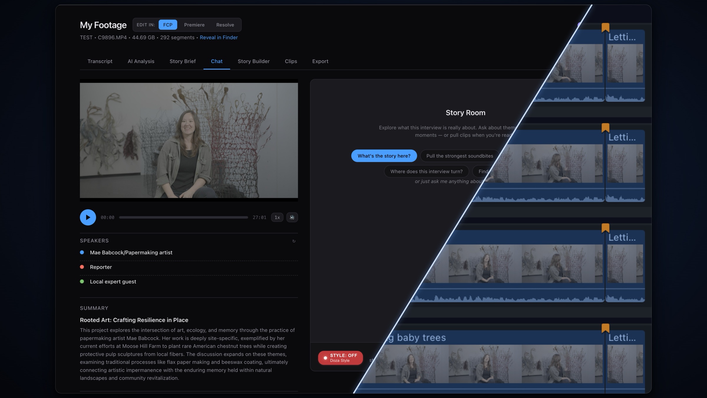 Doza Assist's Story Room on the left, wiping into the Final Cut Pro timeline of selects it produced